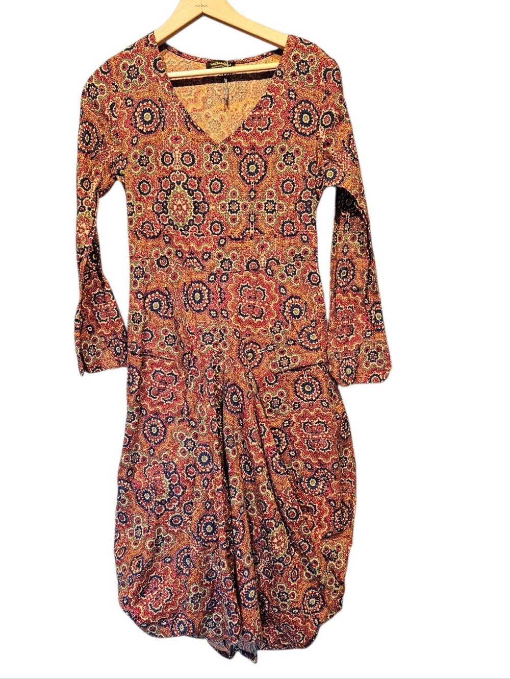 Los Banditos Asymmetrical Boho Chic Dress Flower Tie Waist Long Sleeves M